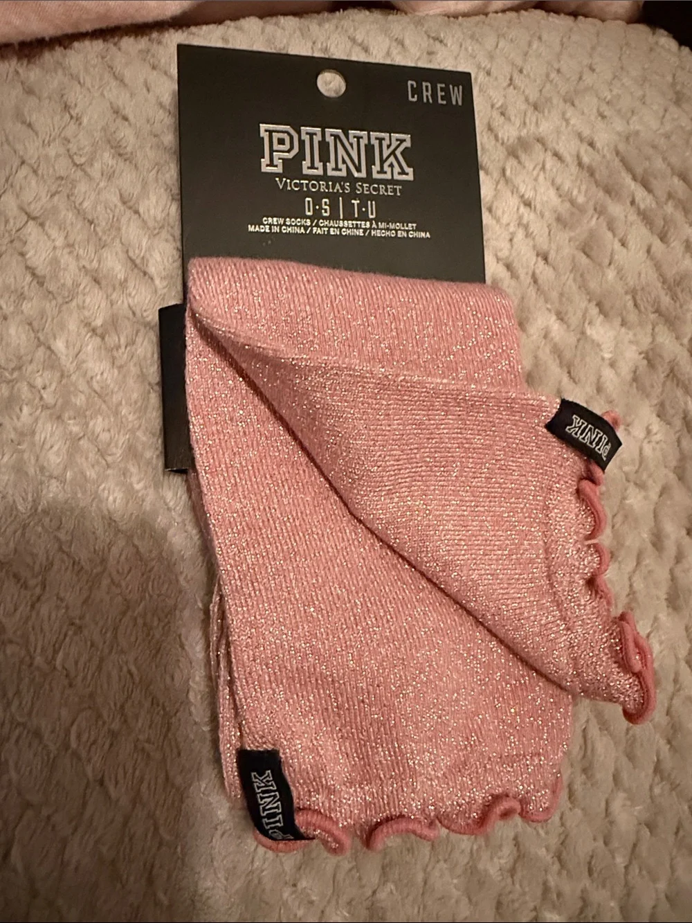 NWT PINK Victoria's Secret Metallic Rose Pink Crew Socks